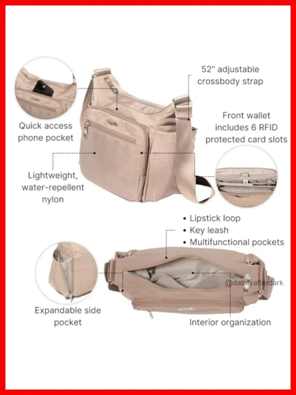 Nylon Hobo Crossbody Bag RFID Protection Adjustable Strap